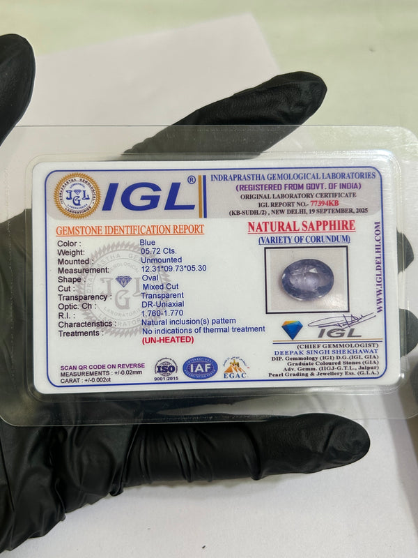 100% Natural Ceylon Blue Sapphire – 6.26 Ratti - IGL certificate