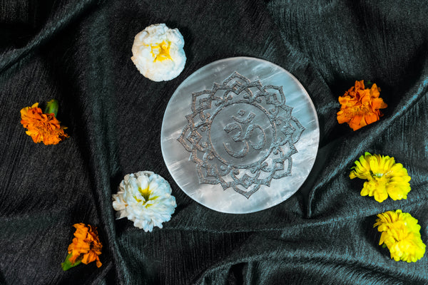 Om Engraved Selenite Plate – Crystal Charging Board for Meditation, Energy Cleansing & Spiritual Decor