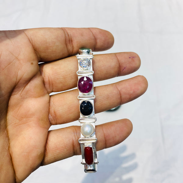 Premium Navratna Silver Bracelet | Nine Gemstone Traditional Jewellery