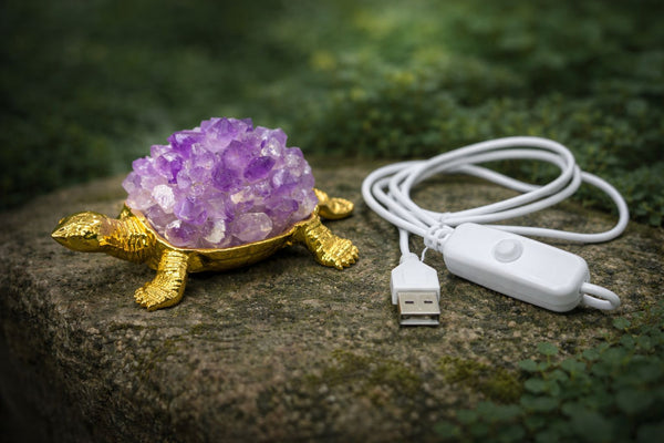 Amethyst Crystal Turtle with Cable – Natural Purple Quartz Turtle Figurine for Décor & Energy Healing