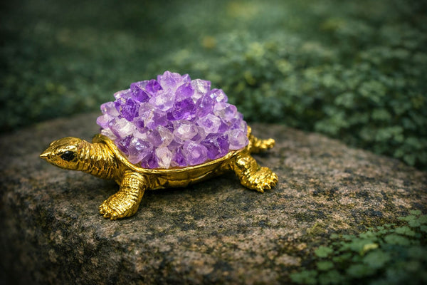Amethyst Crystal Turtle with Cable – Natural Purple Quartz Turtle Figurine for Décor & Energy Healing