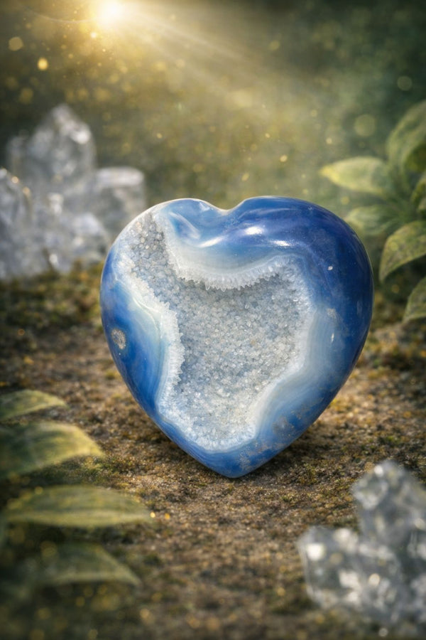 Blue Agate Heart Druzy Crystal – Natural Sparkling Agate Heart for Healing & Home Décor