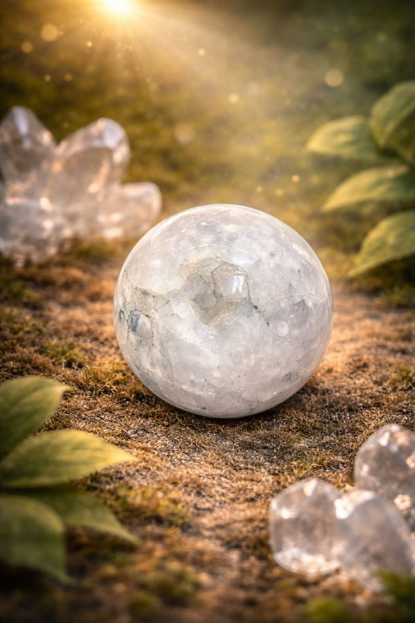 White Quartz Druzy Sphere – Decorative Crystal Ball with Glittering Natural Druzy
