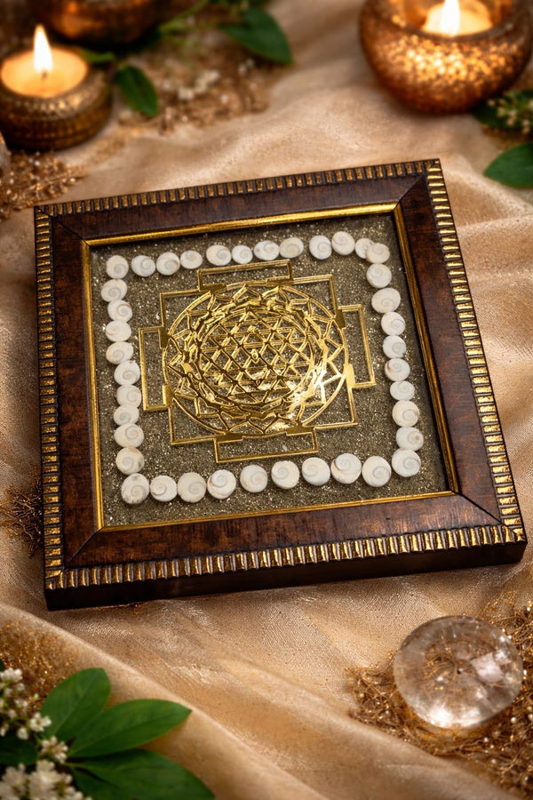Pyrite Shree Yantra with Gomti Chakra – Prosperity & Protection Energy Frame