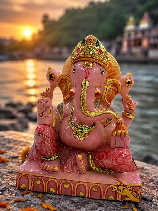 12 KG Rose Quartz Ganesh Murti with Golden Varak