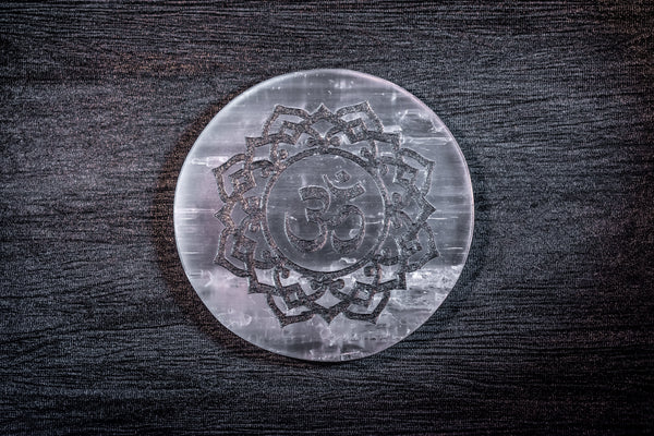 Om Engraved Selenite Plate – Crystal Charging Board for Meditation, Energy Cleansing & Spiritual Decor