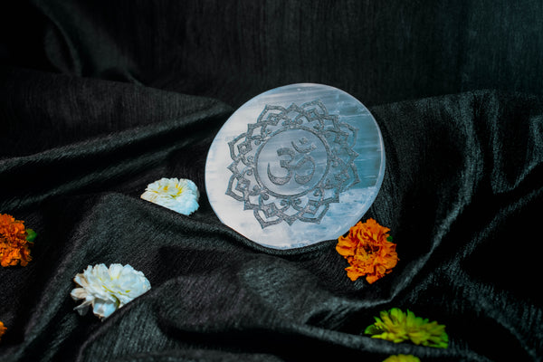 Om Engraved Selenite Plate – Crystal Charging Board for Meditation, Energy Cleansing & Spiritual Decor