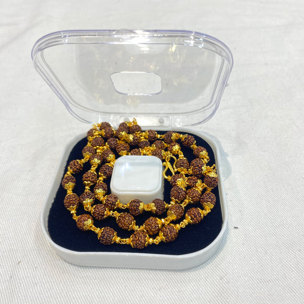 Premium 5 Mukhi Indonesian Rudraksha Mala | Golden Plated | Traditional Spiritual Mala