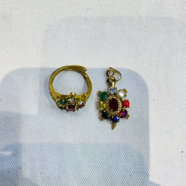 Premium Navratna Ring & Pendant Set | Traditional Nine Gemstone Jewellery Set