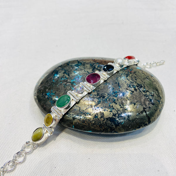 Premium Navratna Silver Bracelet | Nine Gemstone Traditional Jewellery