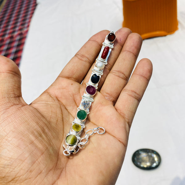 Premium Navratna Silver Bracelet | Nine Gemstone Traditional Jewellery