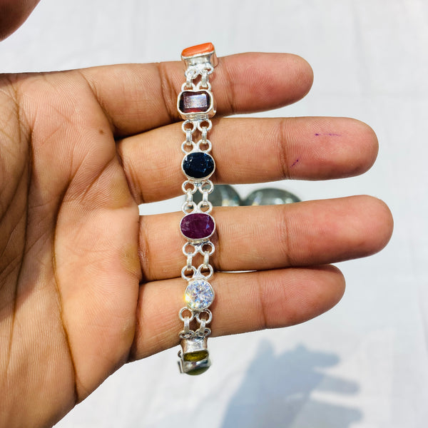 Premium Navratna Silver Bracelet | Nine Gemstone Traditional Jewellery