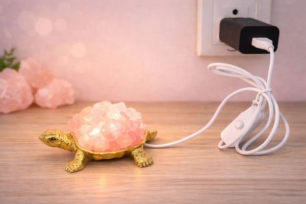 Rose Quartz Turtle with Cable – Natural Crystal Turtle Figurine with Charging Cable