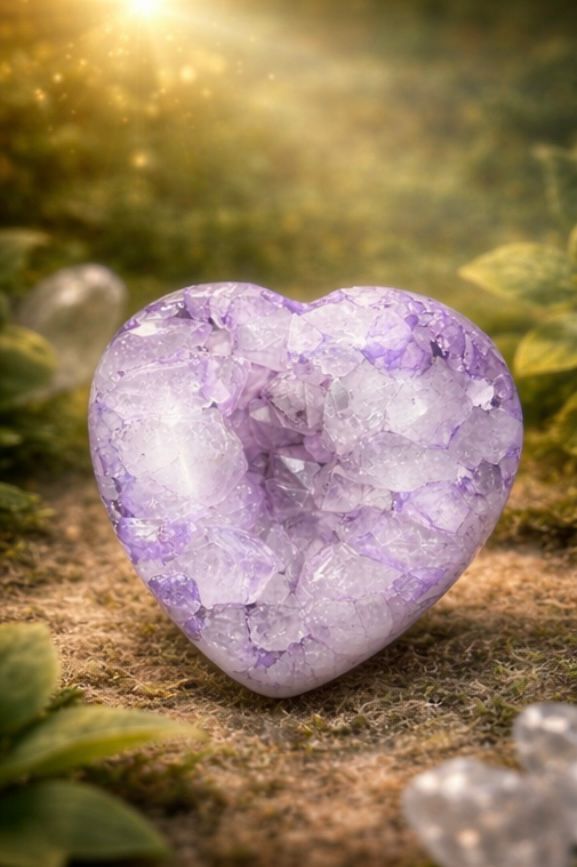 Natural Lavender Amethyst Heart Druzy Crystal – Decorative Healing Stone with Glittering Druzy