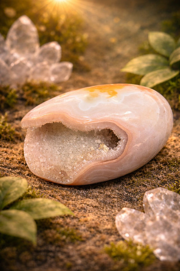 Peach Agate Druzy Geode – Natural Sparkling Crystal Cluster for Home & Healing