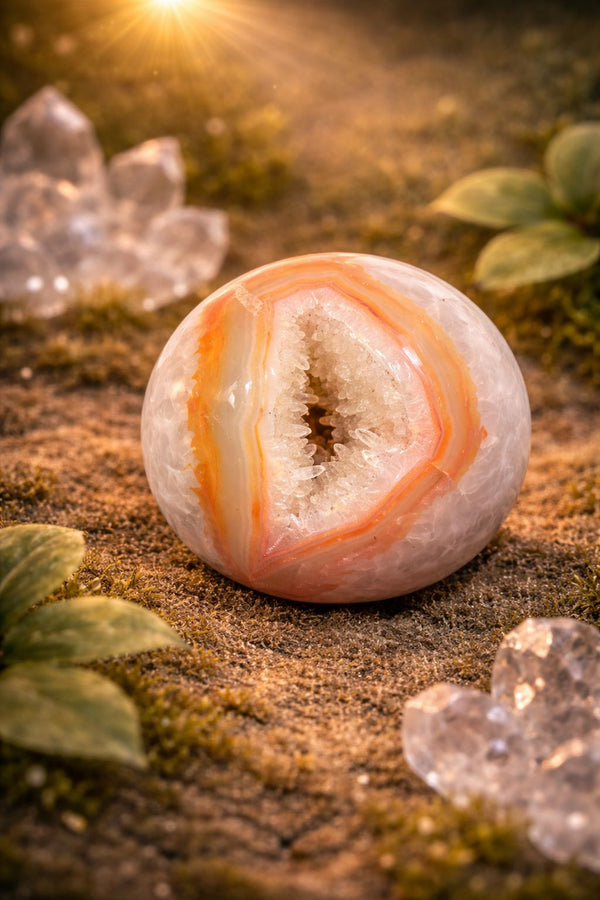 Natural Orange Banded Agate Druzy Sphere – Polished Healing Stone for Meditation & Reiki