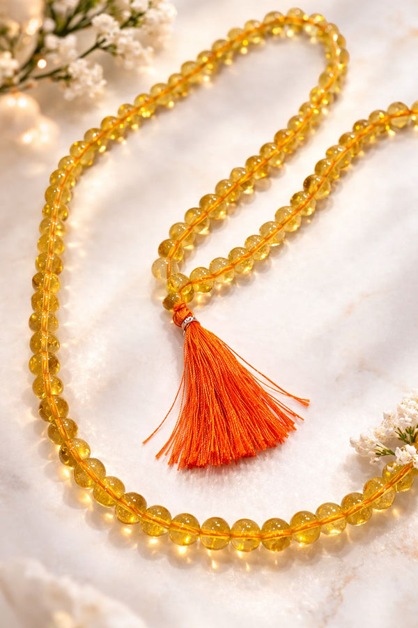 Natural Citrine Mala 108+1 Beads 8mm – Crystal Meditation Prayer Japa Mala Necklace