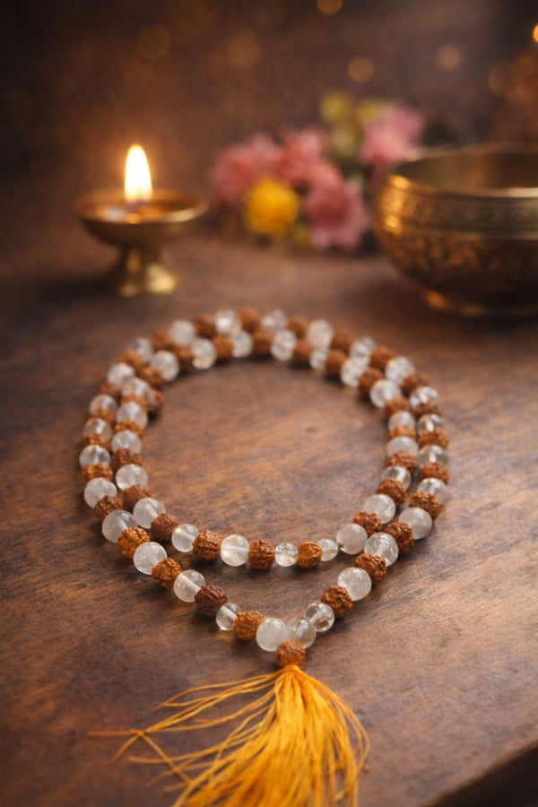 Rudraksha with Sphatik Mala – 108+1 Beads | 8mm | Spiritual Healing & Meditation Mala